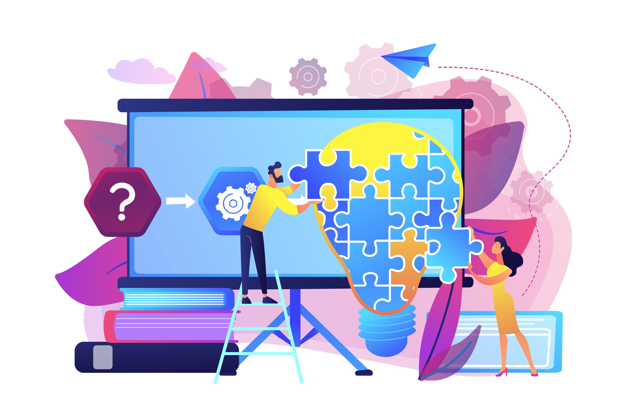 Two people assembling a puzzle on a large screen to symbolize problem-solving or project development, with gears and a question mark indicating mystery or challenge.