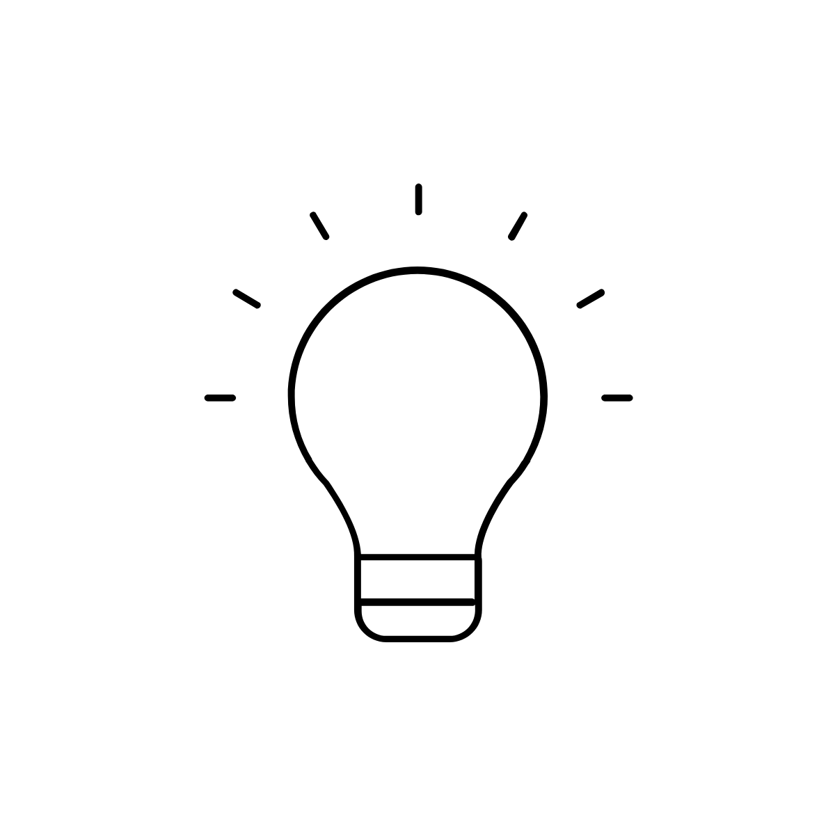 Outline drawing of a light bulb with lines representing light or illumination around it.