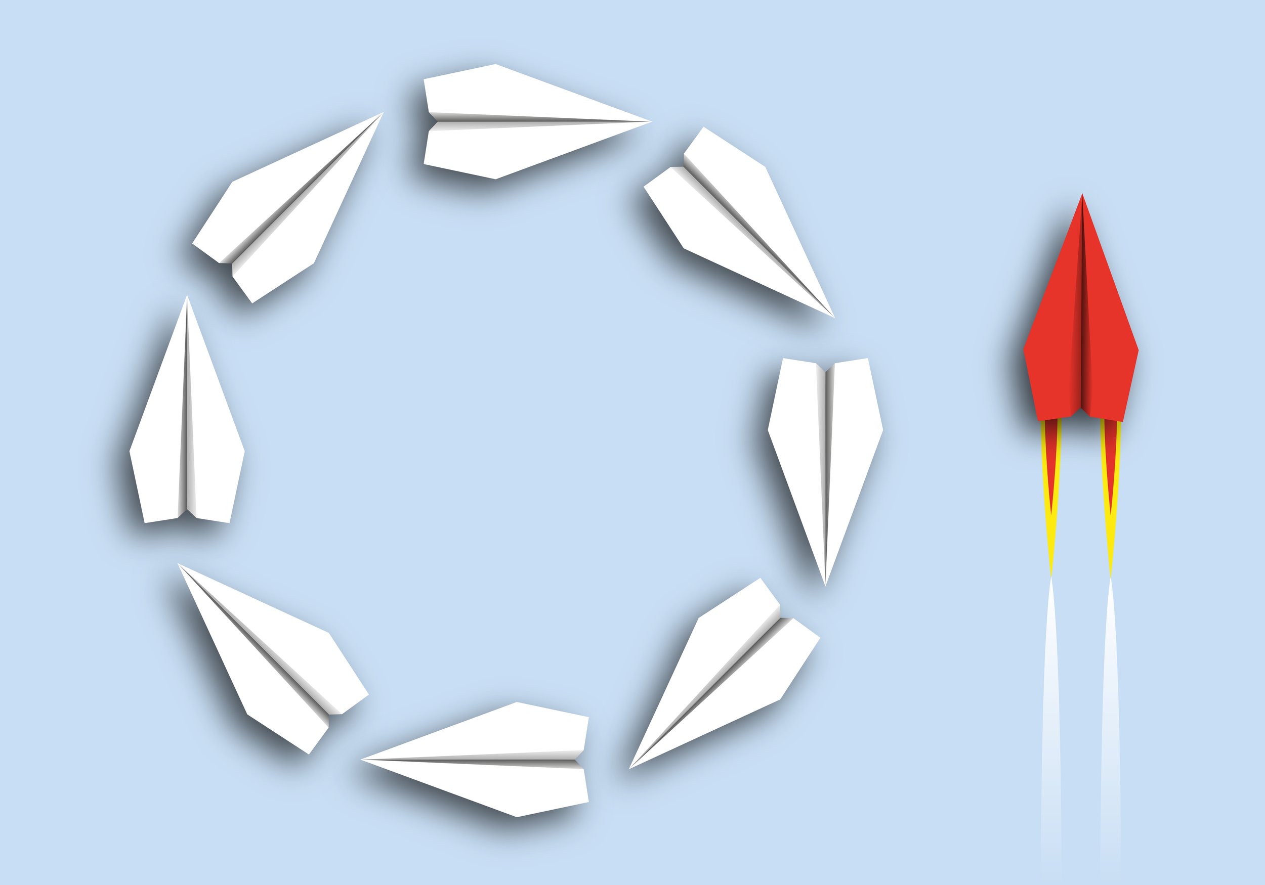 white paper airplanes flying in a circle with a lone red airplane taking off like a rocket ship