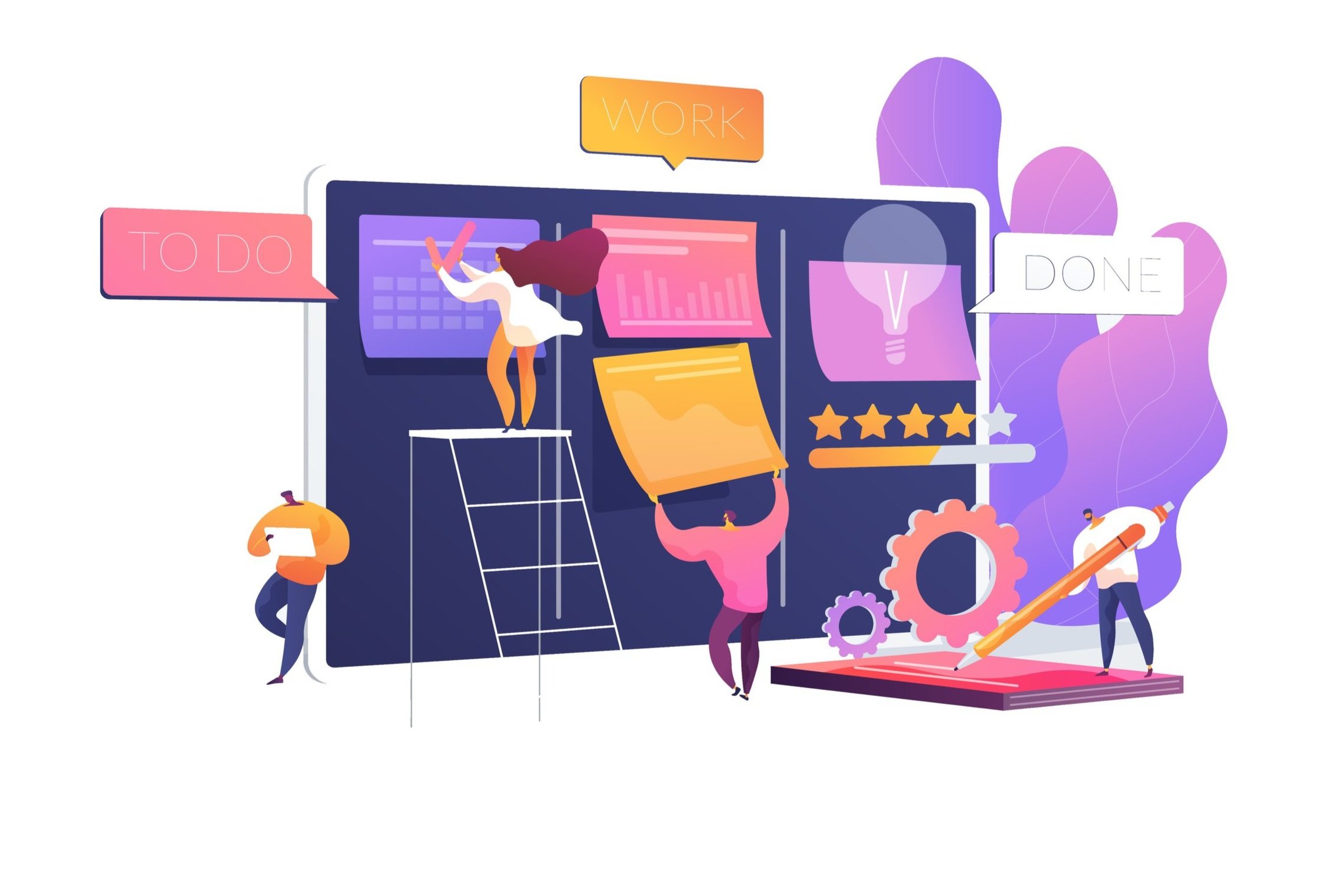 Illustration of people working on a project with a large digital screen and sticky notes, with speech bubbles labeled 'TO DO,' 'WORK,' and 'DONE'.