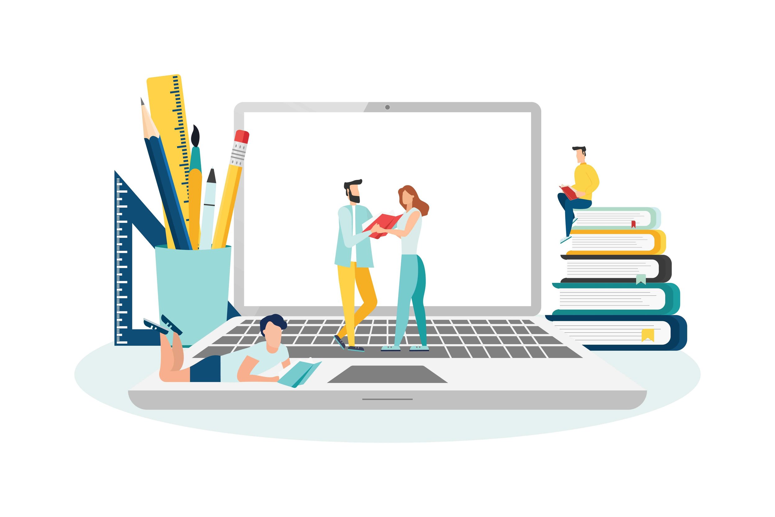 Illustration of children and adults engaging in reading and studying around a large laptop, with books, stationery, and a stack of books on the side.