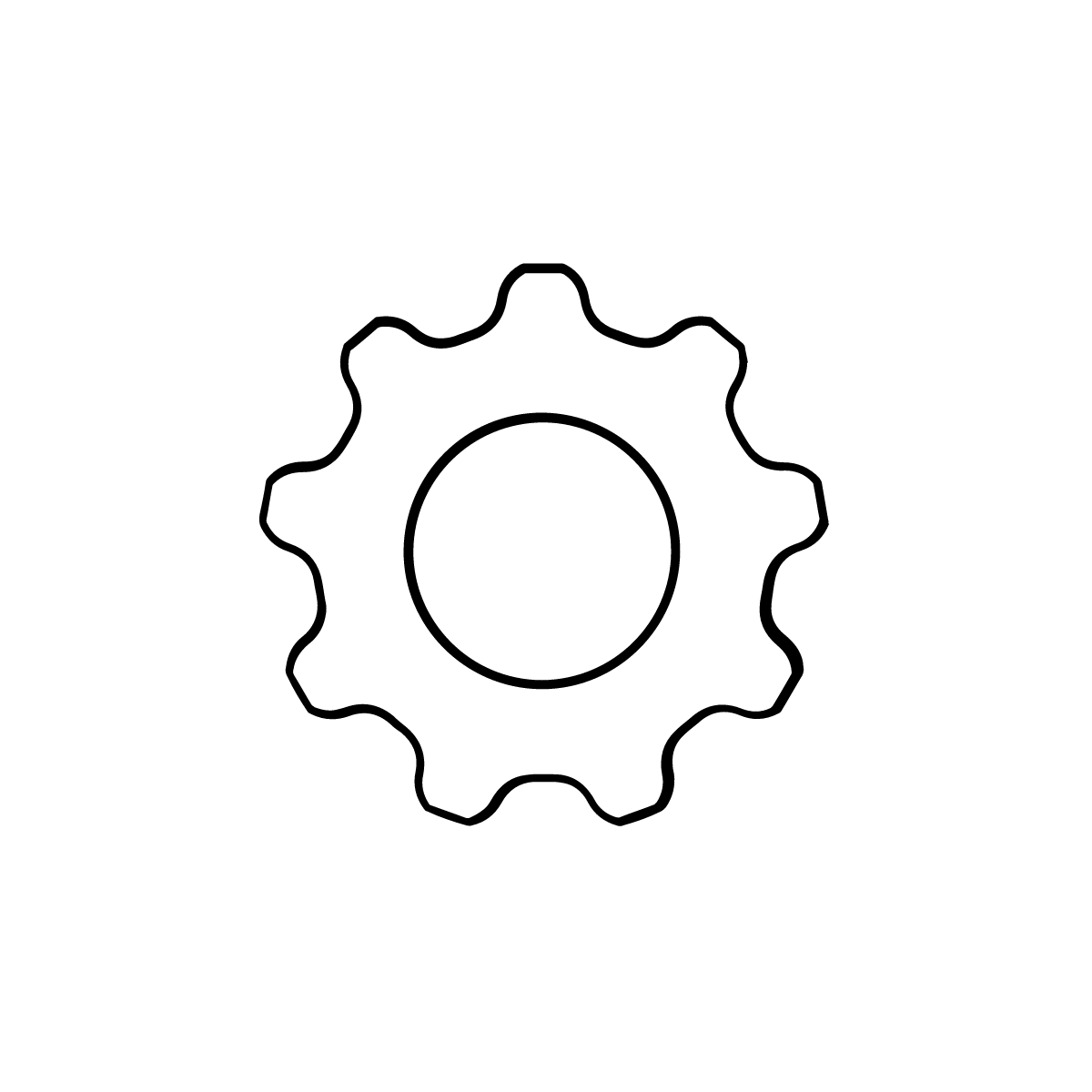 Outline of a gear or cogwheel with a circular hole in the center.