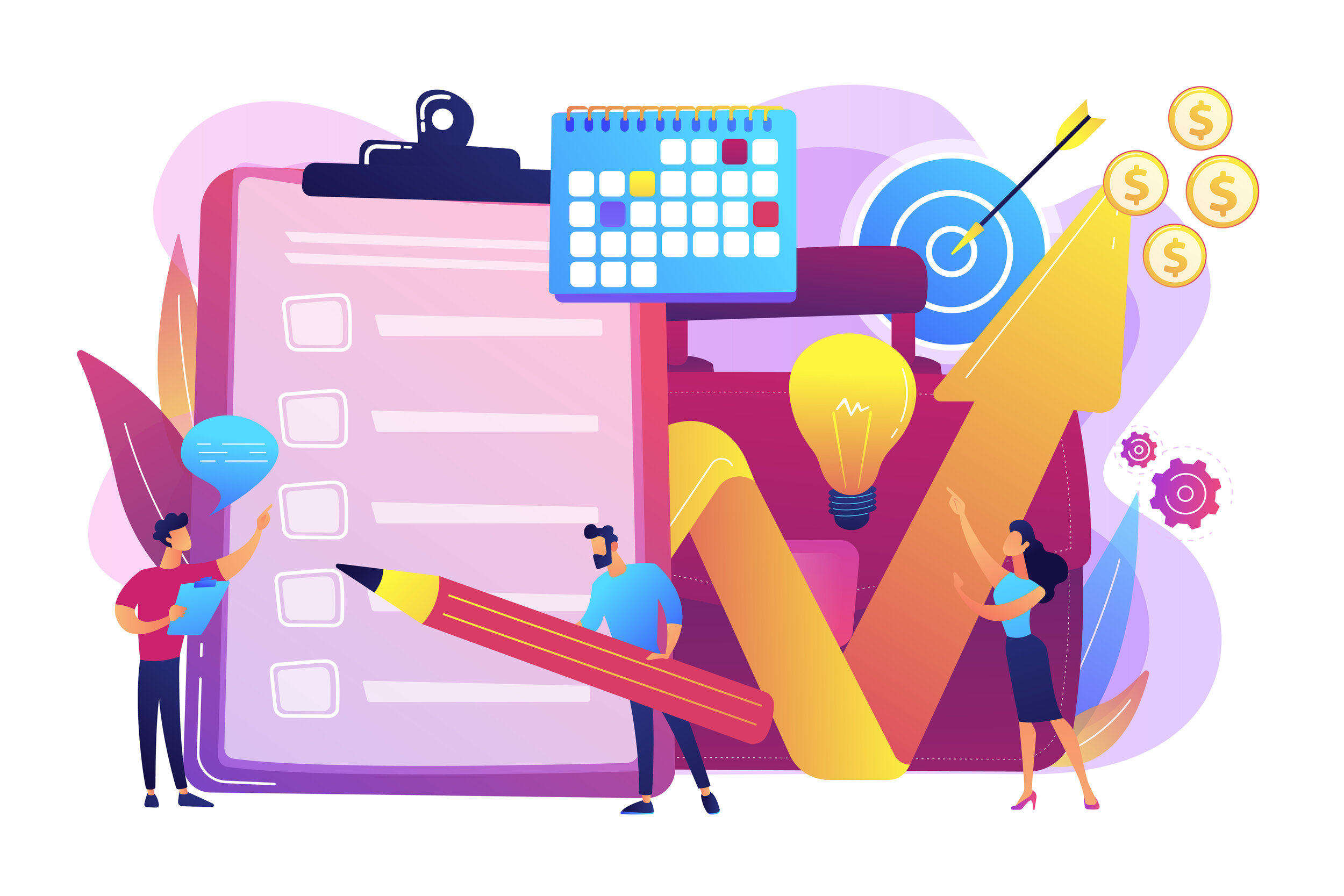 Digital illustration of people analyzing graphs, charts, and figures related to business growth, ideas, and financial success.